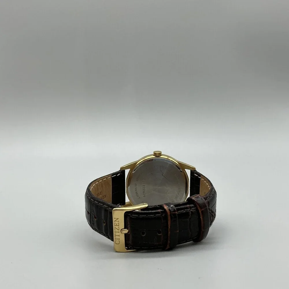 Citizen WR 50 Mens Watch 38mm Black Dial Date Gold Tone Brown Leather Band